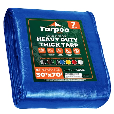 Tarpco Safety Heavy Duty Tarp, 70 ft L x 0.5 mm H x 30 ft W, 7 Mil, Blue, Polyethylene TS-205-30X70